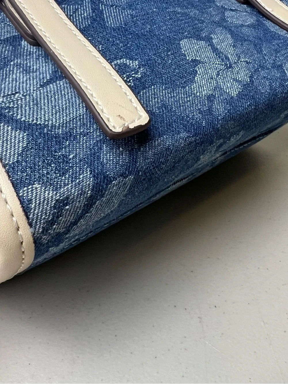 True Religion Blue Floral Denim Tote Purse Shoulder Bag with Cream Trim